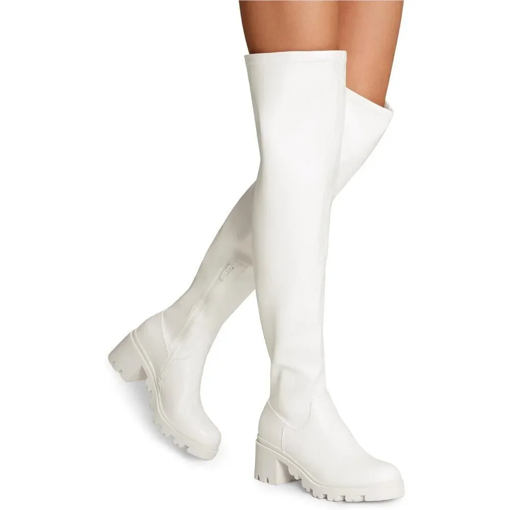 Women's White-pu Faux Leather Knee High Over The Knee High Chunky Heel Boots